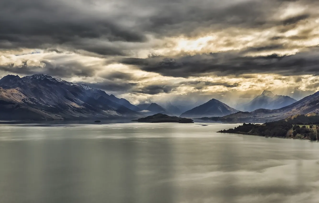 Фото обои горы, тучи, озеро, Новая Зеландия, Гленорчи