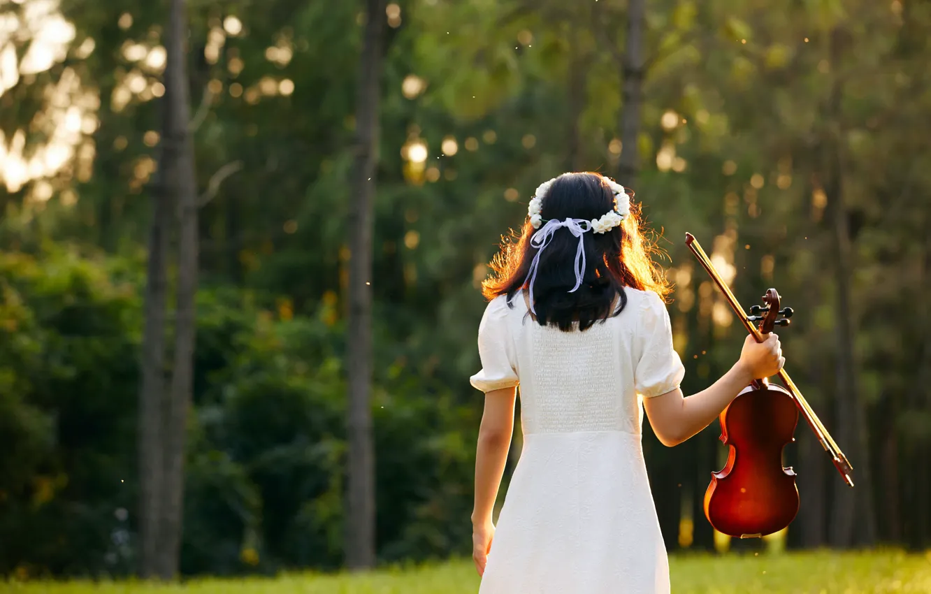 Фото обои деревья, скрипка, день, стоя спиной, венок на голове, девочка в белом платье