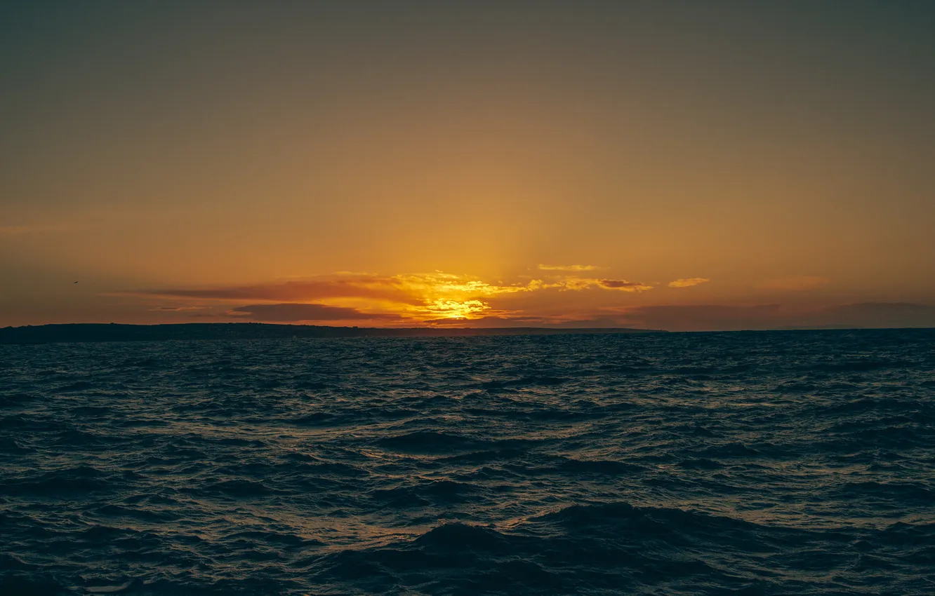 Фото обои море, солнце, облака, закат, горизонт, сумерки