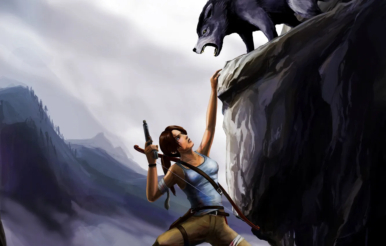 Фото обои девушка, скала, волк, хищник, лук, арт, висит, Tomb raider