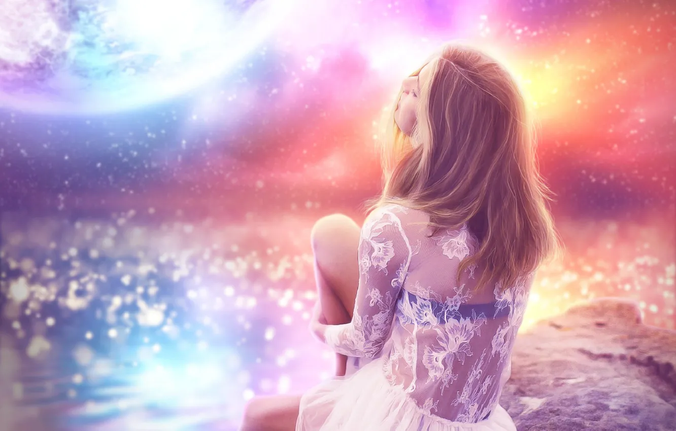 Фото обои девушка, луна, спина, платье, водоем