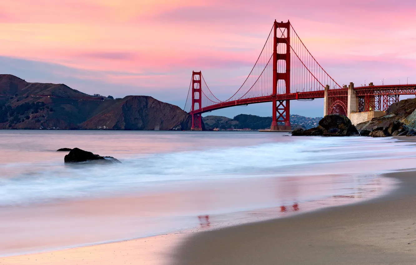Фото обои море, закат, мост, пролив, вечер, Сан-Франциско, Золотые Ворота, Golden Gate Bridge
