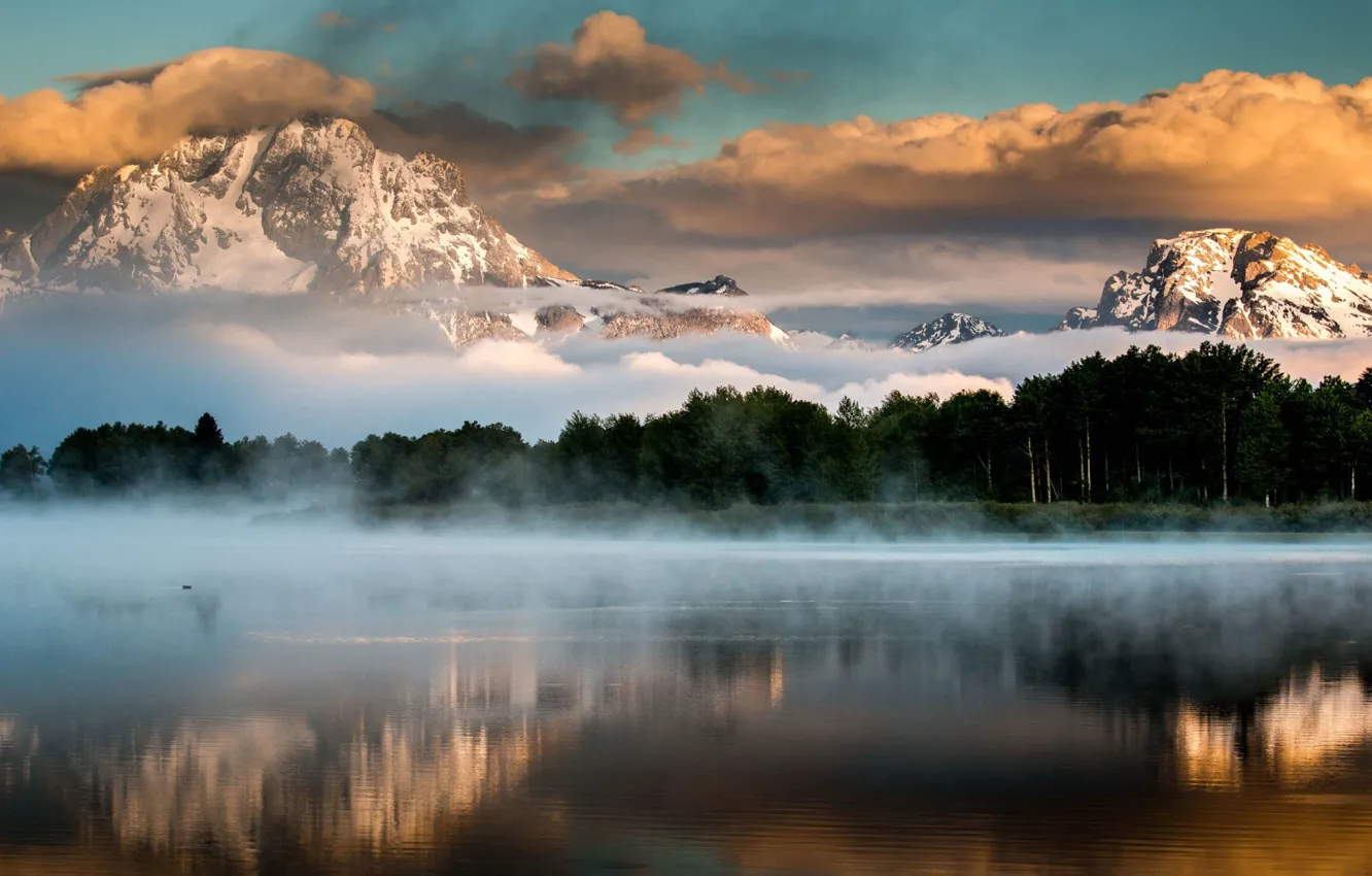 Фото обои USA, Wyoming, sky, trees, landscape, nature, sunset, mountains