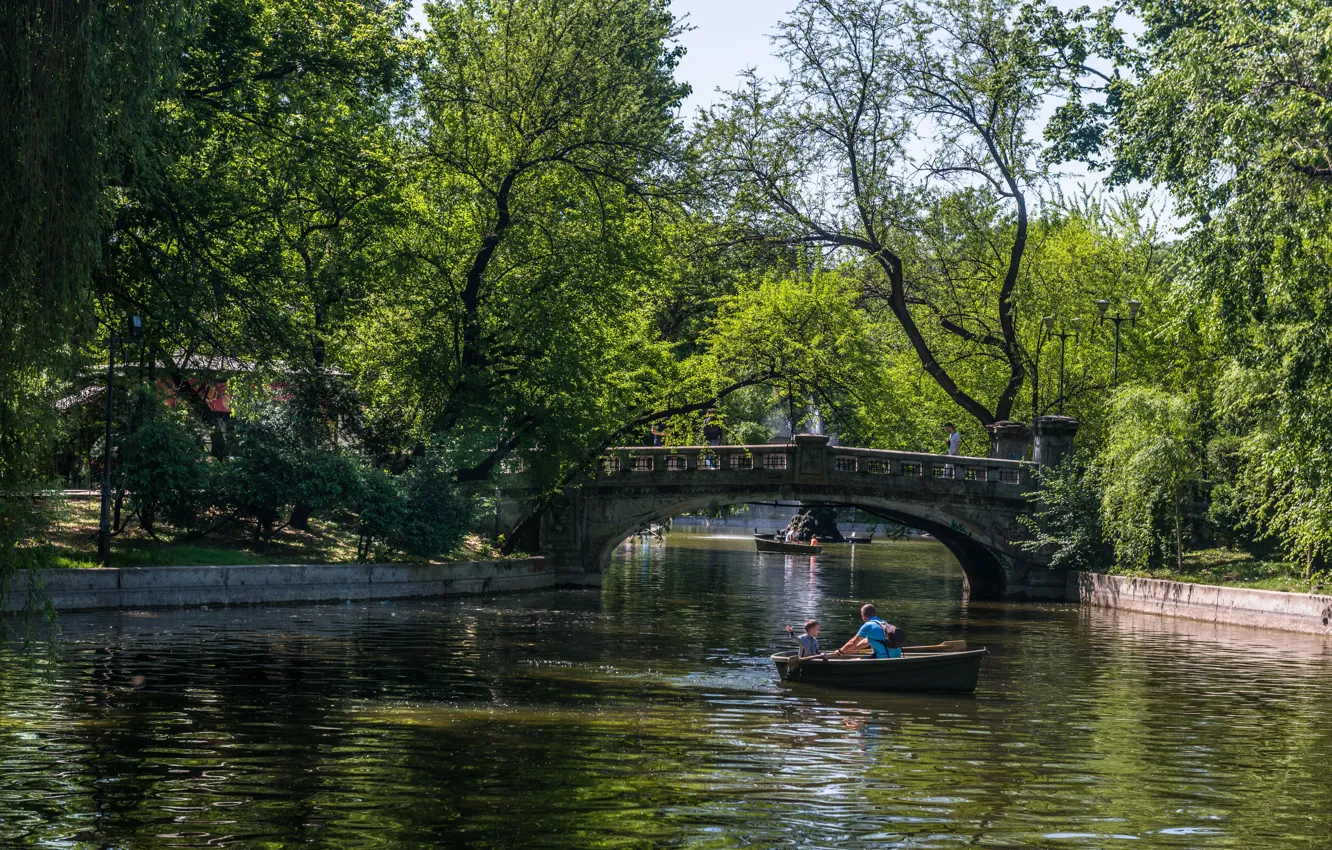 Фото обои Озеро, Лето, Лодки, Парк, Bridge, Park, Summer, Прогулка