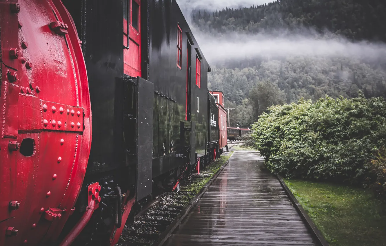 Фото обои mountains, clouds, train, railway, railroad, rainy