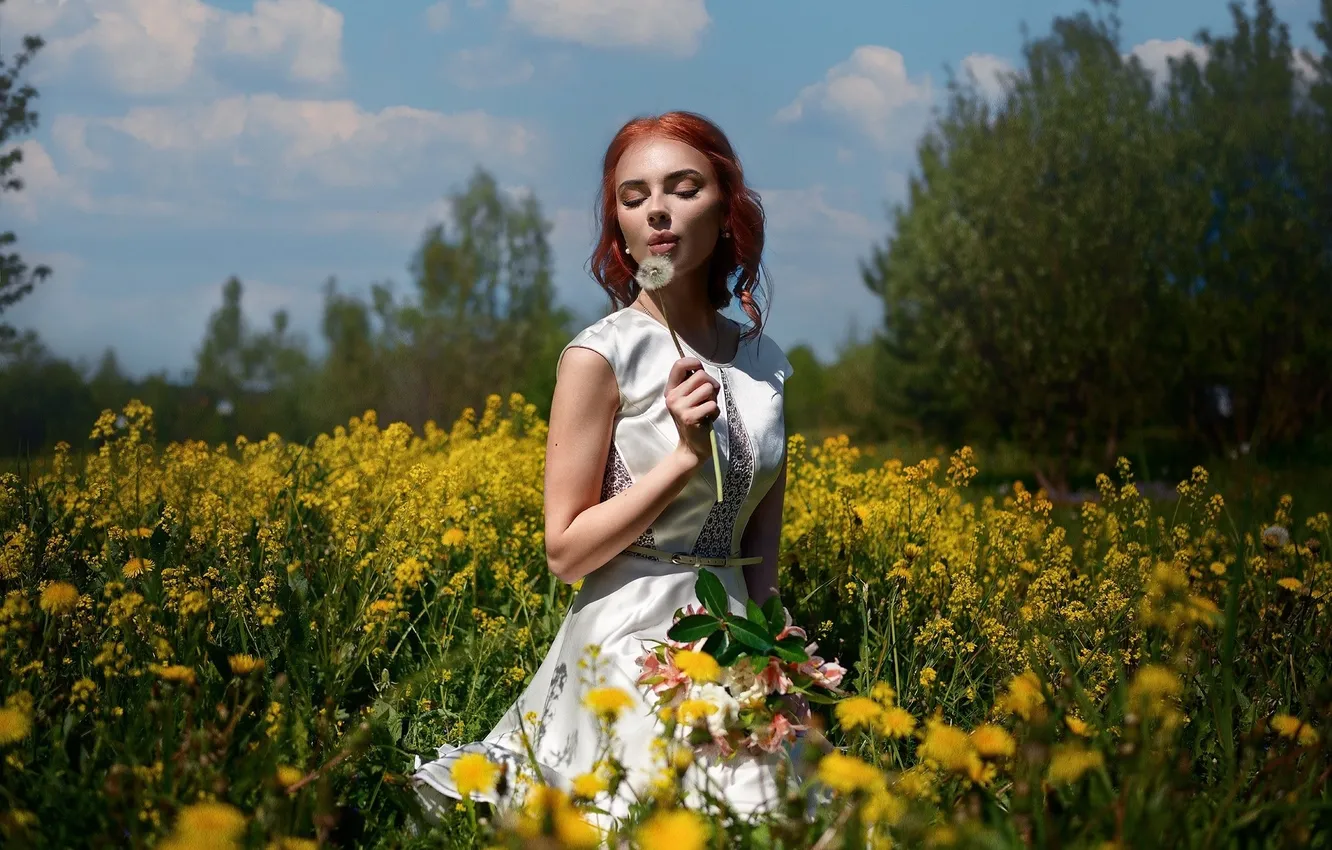 Фото обои sky, trees, field, nature, flowers, clouds, model, redhead