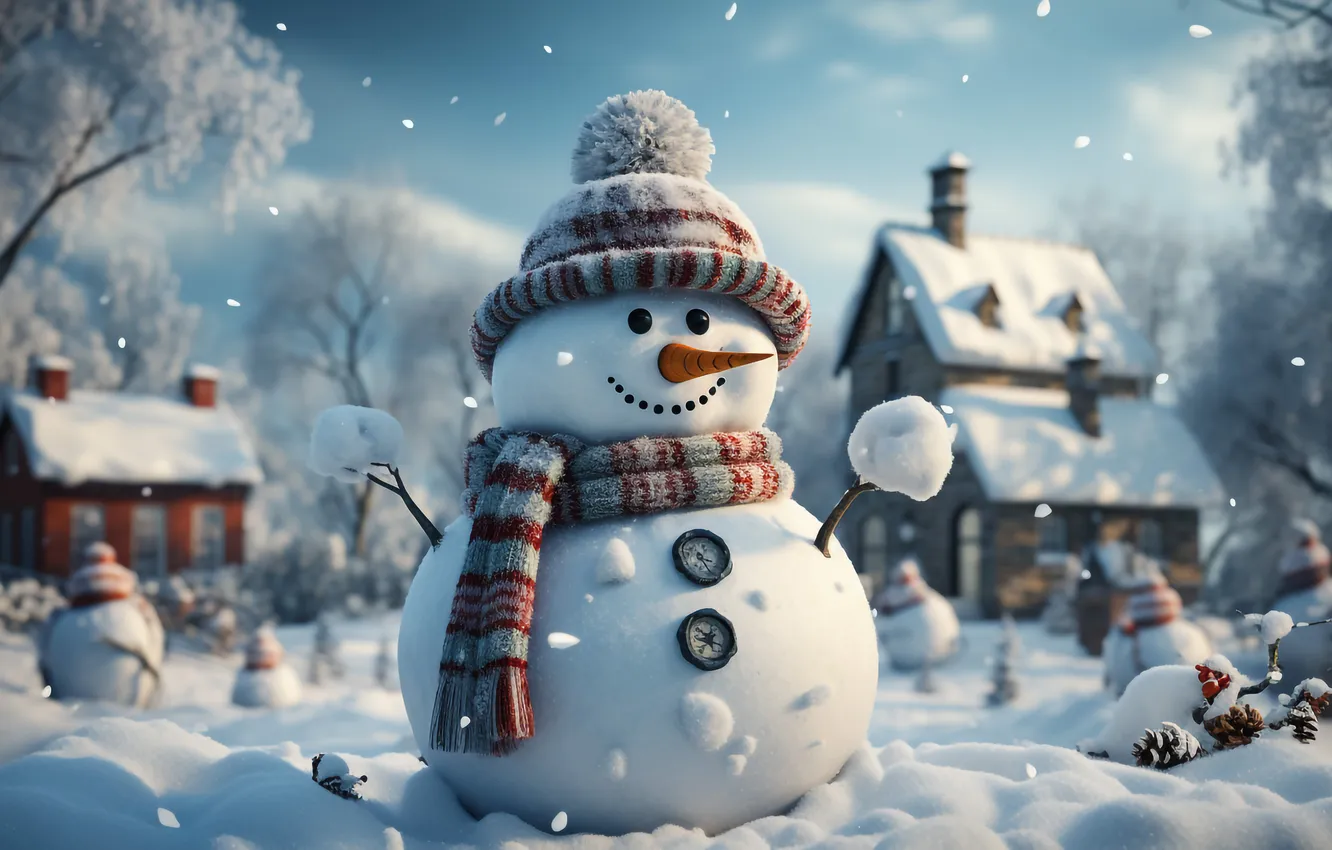 Фото обои зима, снег, украшения, Рождество, Новый год, снеговик, happy, Christmas