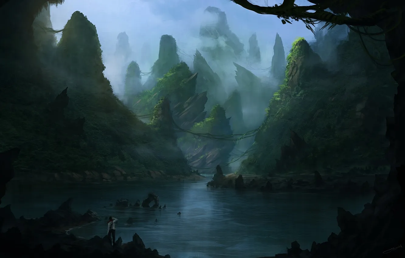 Фото обои горы, туман, озеро, камни, скалы, человек, арт, blinck