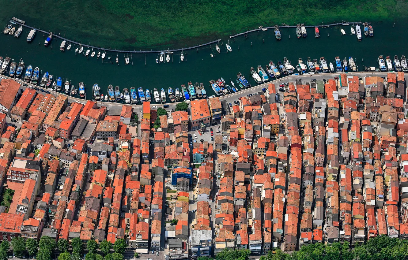 Фото обои дома, лодки, Италия, панорама, канал, Кьоджа, провинция Венеция