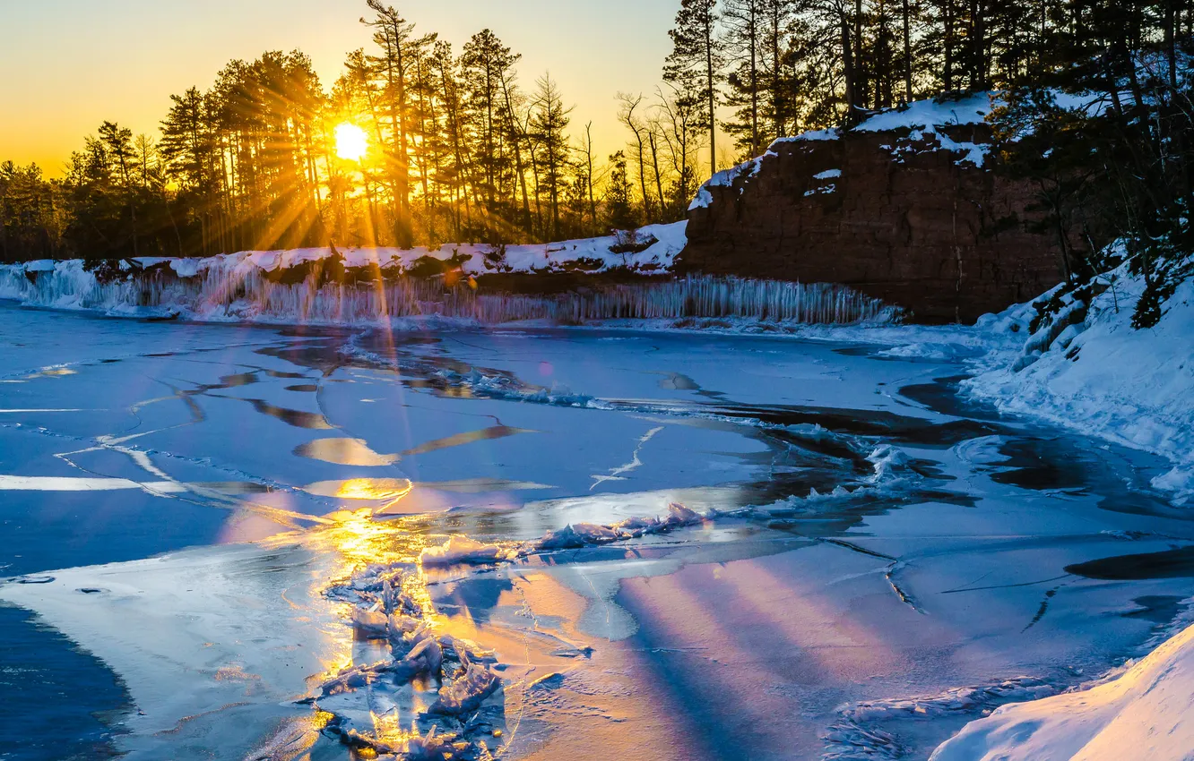 Фото обои солнце, снег, озеро, Природа, лёд