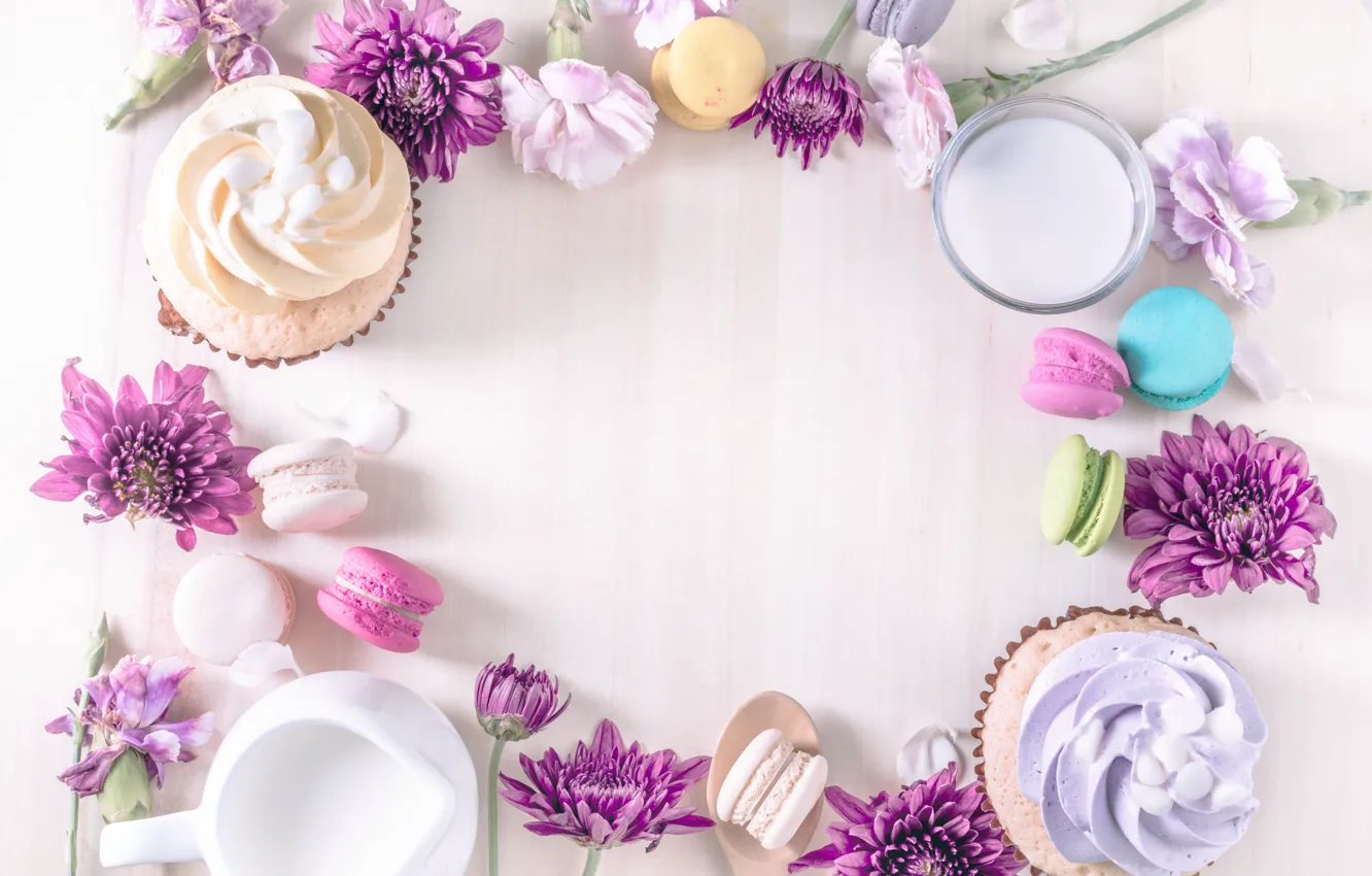 Фото обои colorful, хризантемы, десерт, pink, flowers, пирожные, сладкое, sweet