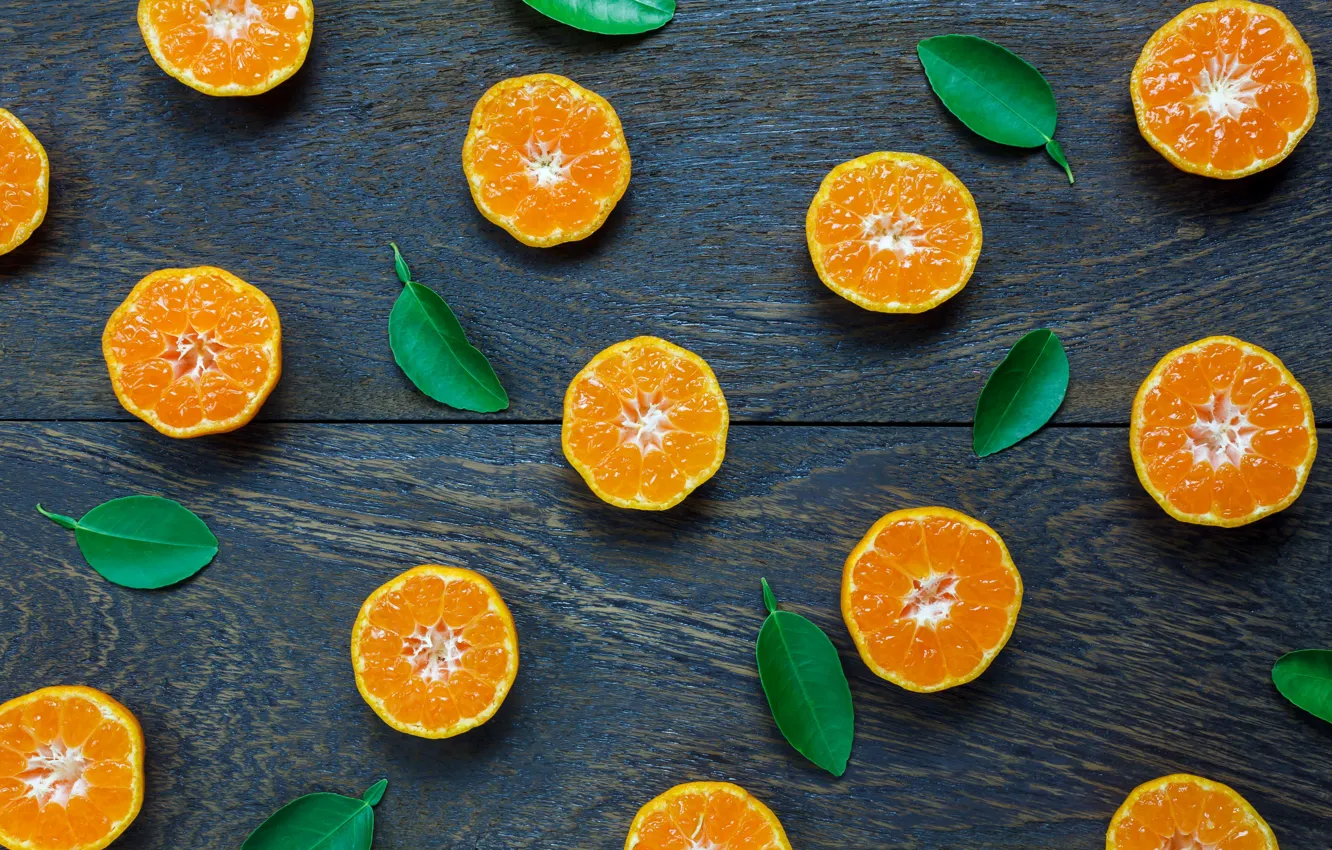 Фото обои листья, оранжевый, фон, ломтики, background, fruit, orange, мандарин