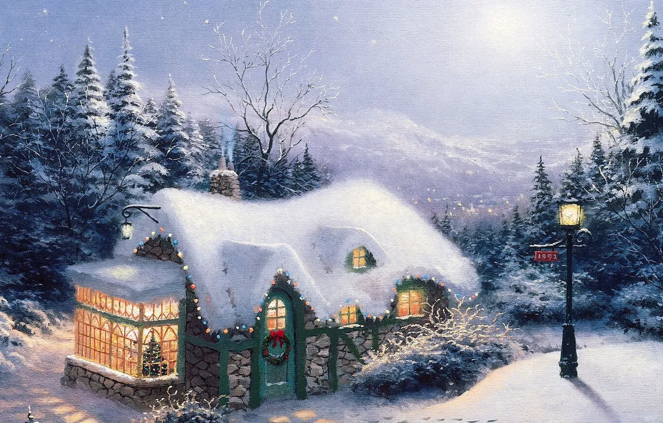Фото обои лес, снег, огни, елки, картина, Рождество, фонарь, Новый год