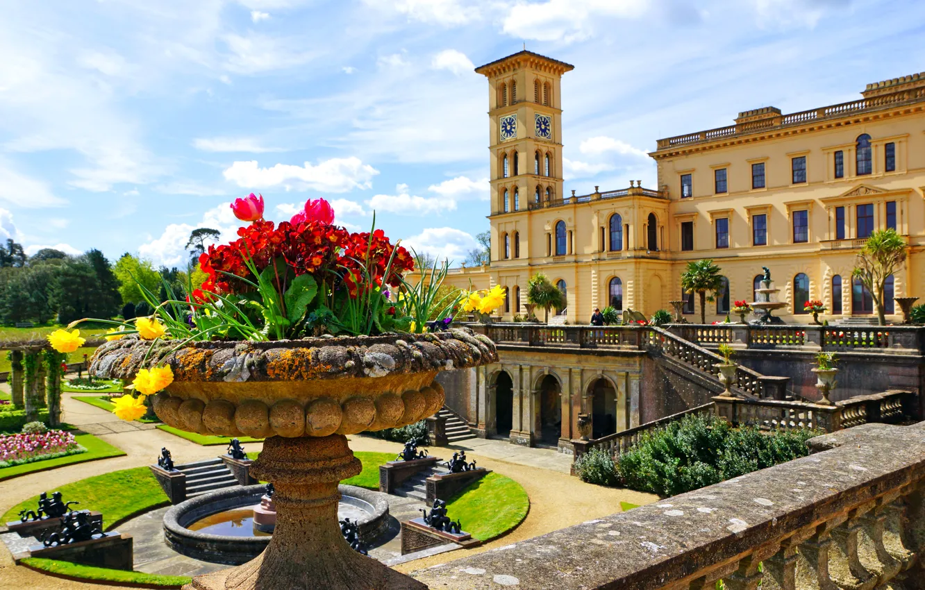 Фото обои цветы, дизайн, парк, газон, лестница, Великобритания, фонтан, солнечно