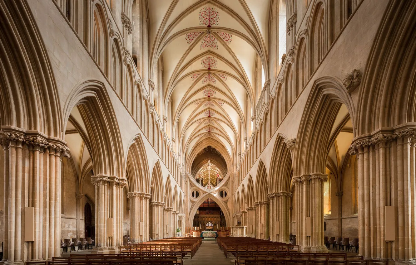Фото обои Великобритания, England, Сомерсет, Somerset, Wells Cathedral Nave, Неф собора в Уэллсе