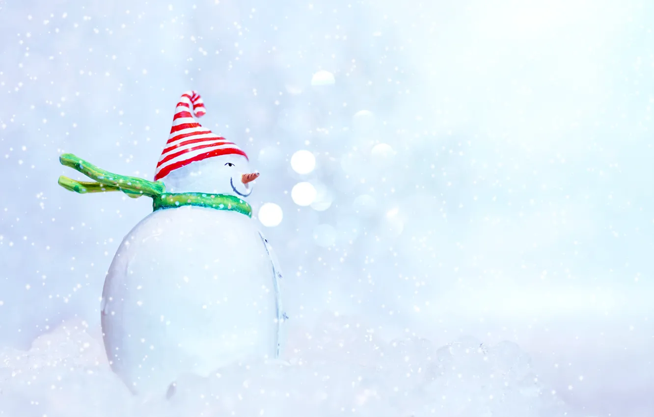 Фото обои зима, снег, праздник, игрушка, Рождество, Новый год, снеговик, светлый фон