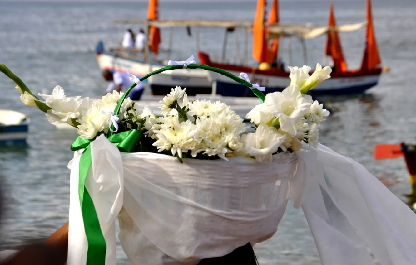 Фото обои цветы, праздник, корзина, лодки, Бразилия, Сальвадор, штат Баия