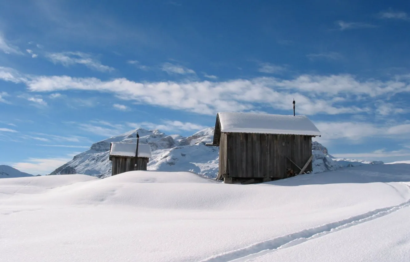 Фото обои зима, снег, горы, домики