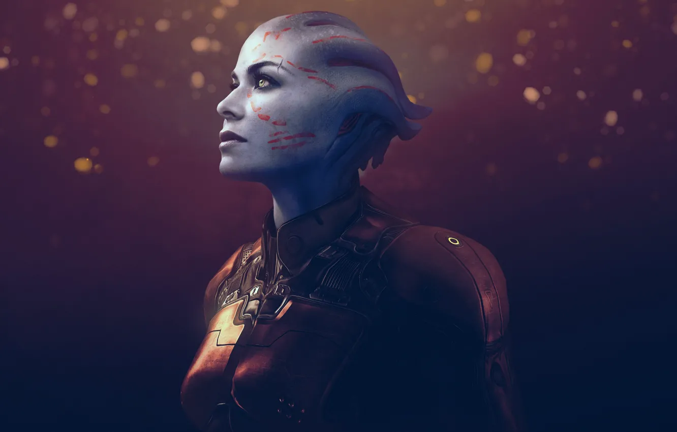 Фото обои взгляд, лицо, фантастика, пришелец, mass effect, bioware, asari