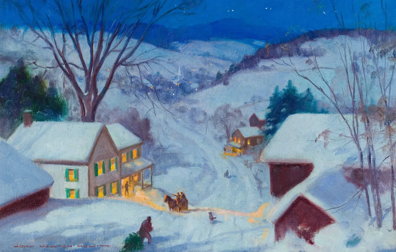 Фото обои картина, живопись, painting, 1935, road to the village, calendar illustration, John Newton Howitt