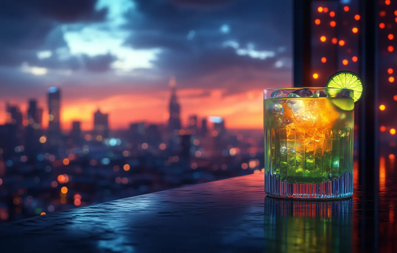 Фото обои ночь, colorful, лайм, напиток, sky, night, city lights, clouds