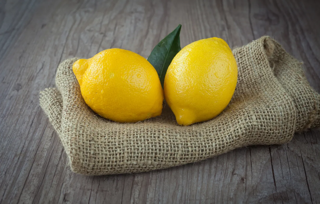 Фото обои листья, лимон, цитрус, мешковина