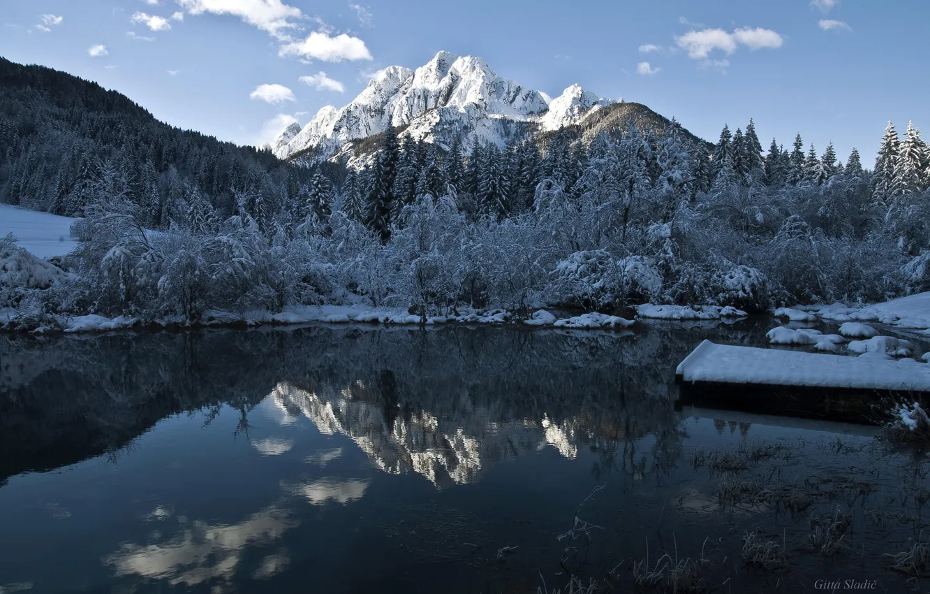 Фото обои зима, пейзаж, горы, озеро, вечер