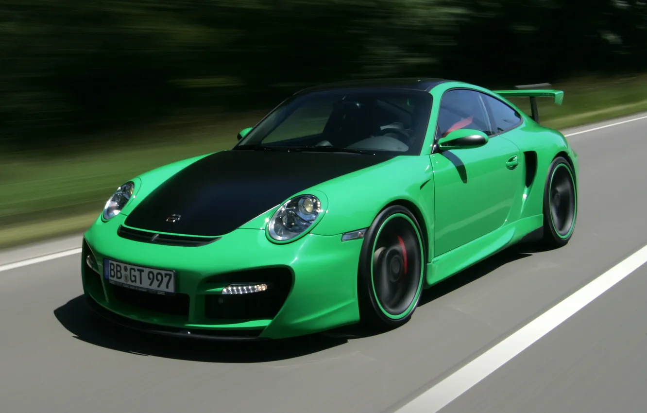 Фото обои зеленый, скорость, 911, turbo, porsche, street