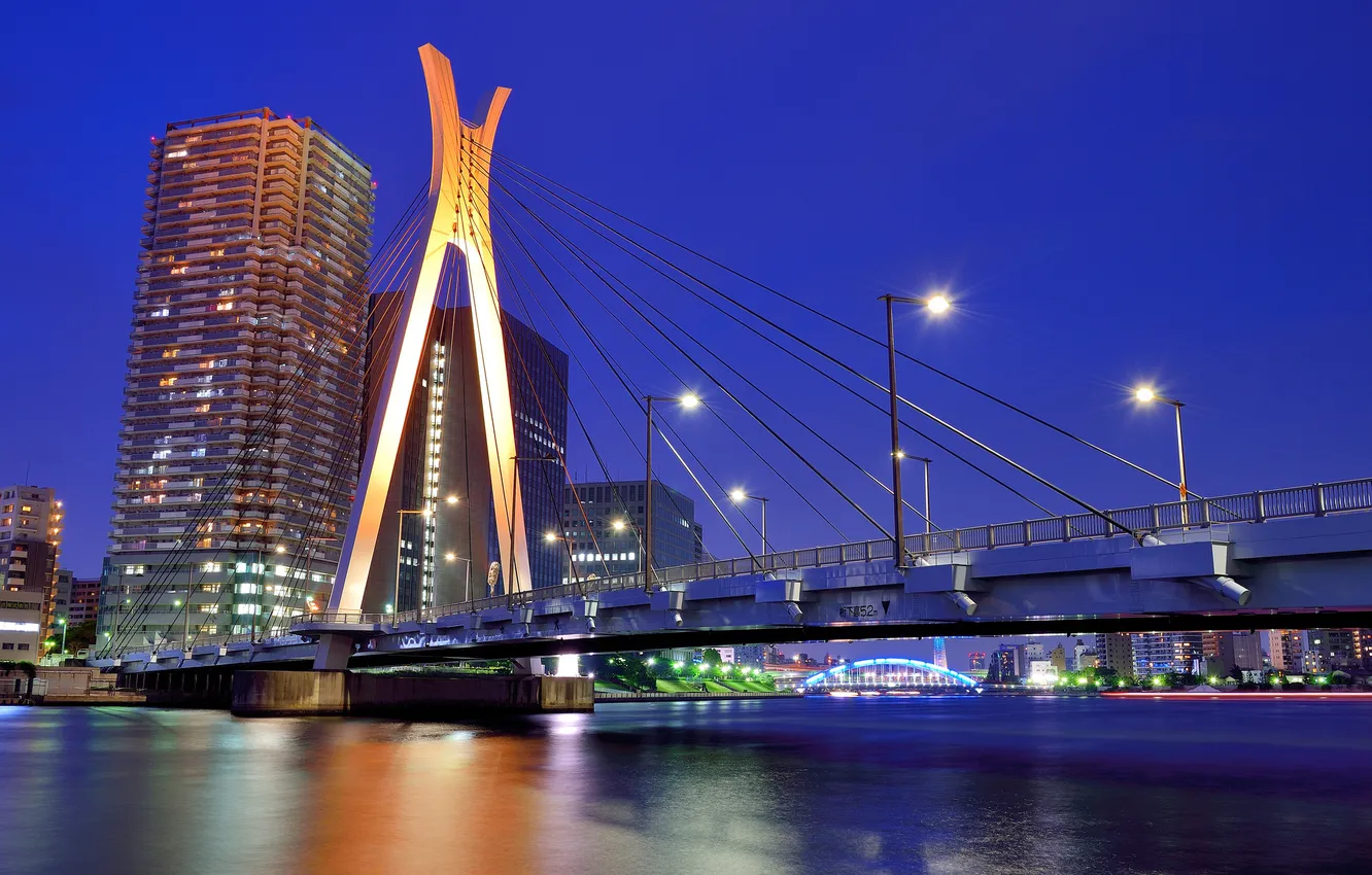 Фото обои небо, ночь, мост, огни, река, дома, небоскребы, Япония
