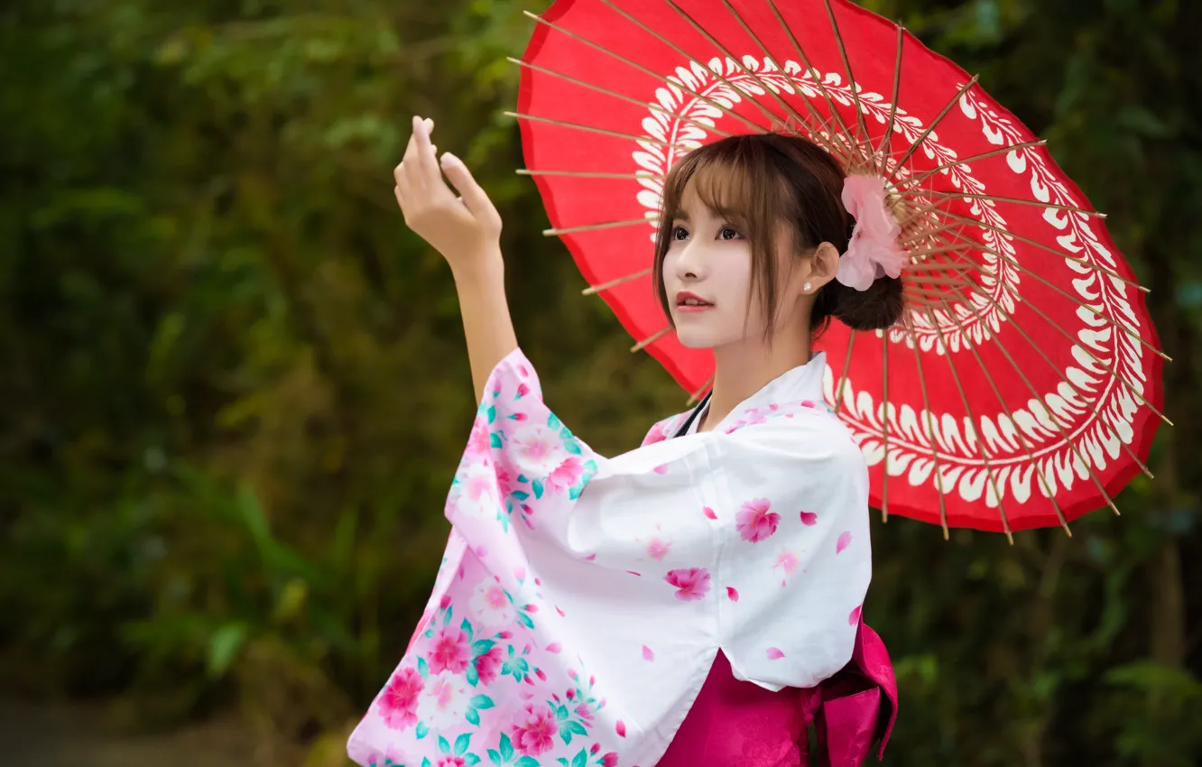 Фото обои девушка, зонтик, кимоно, азиатка