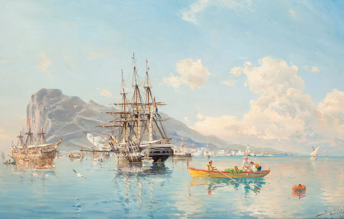 Фото обои бочка, на якоре, Herman Gustav af Sillen, Шведский фрегат, на рейде Гибралтара