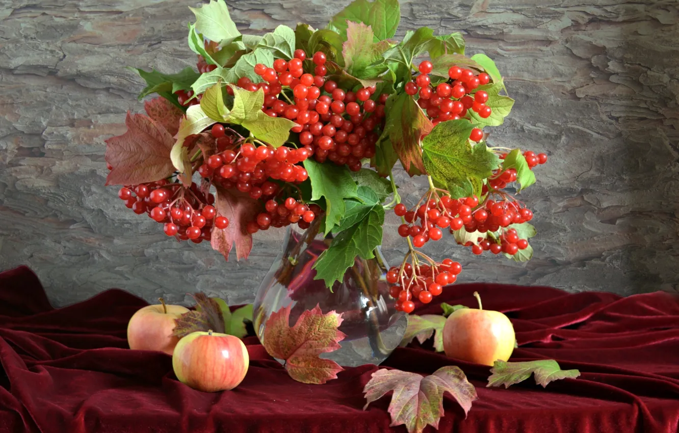 Фото обои осень, яблоки, натюрморт, калина