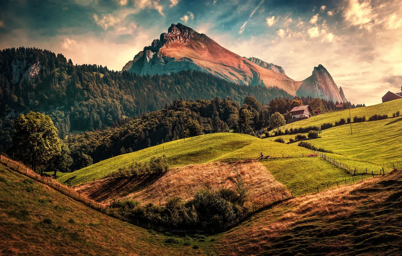 Фото обои горы, дома, обработка, Switzerland, Toggenburg