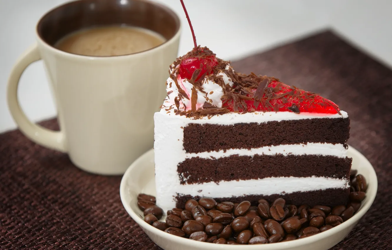 Фото обои кофе, чашка, торт, вишенка, крем, кусок