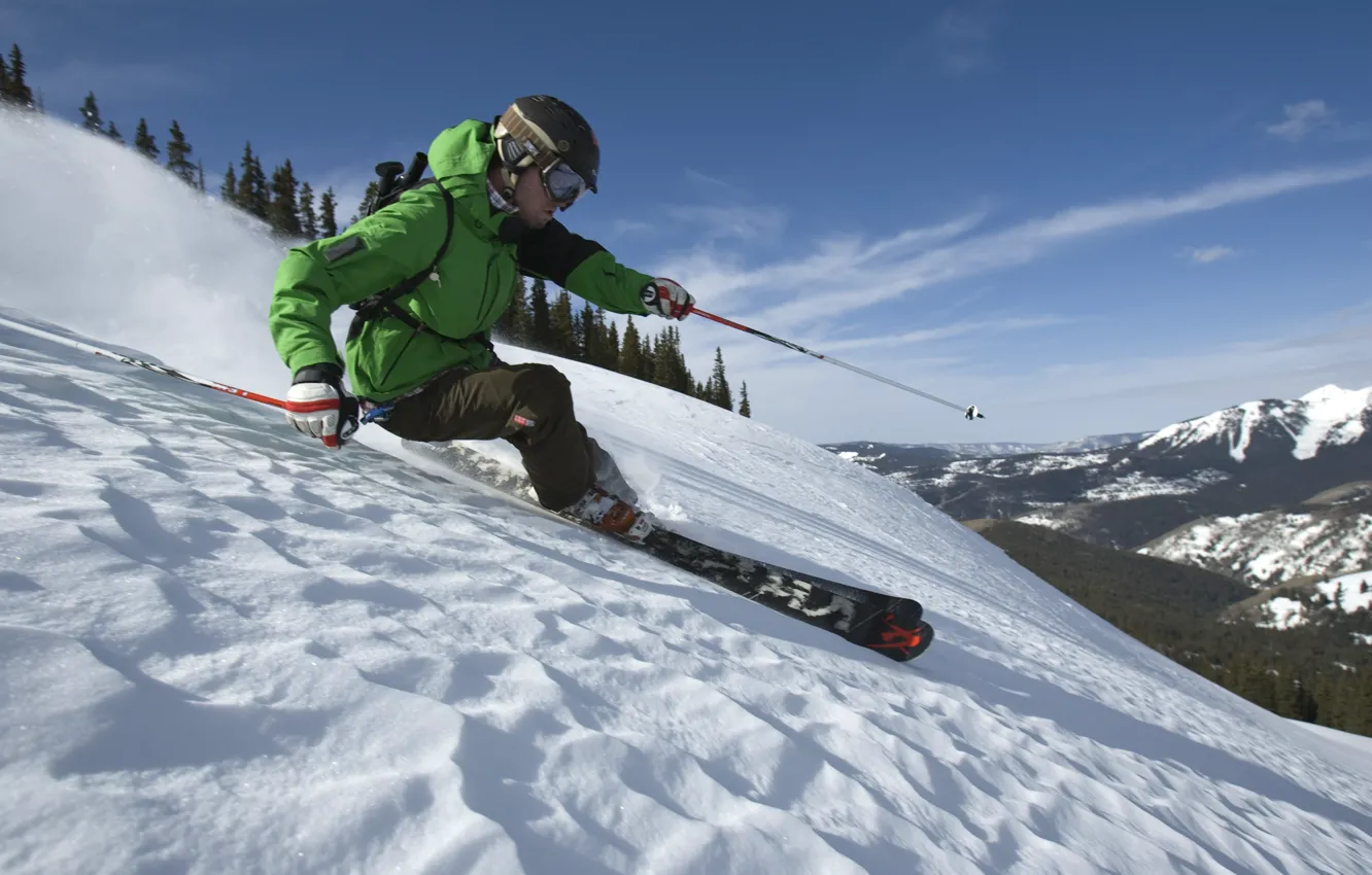 Фото обои лес, снег, горы, Зима, freeride, фрирайд, горные лыжи