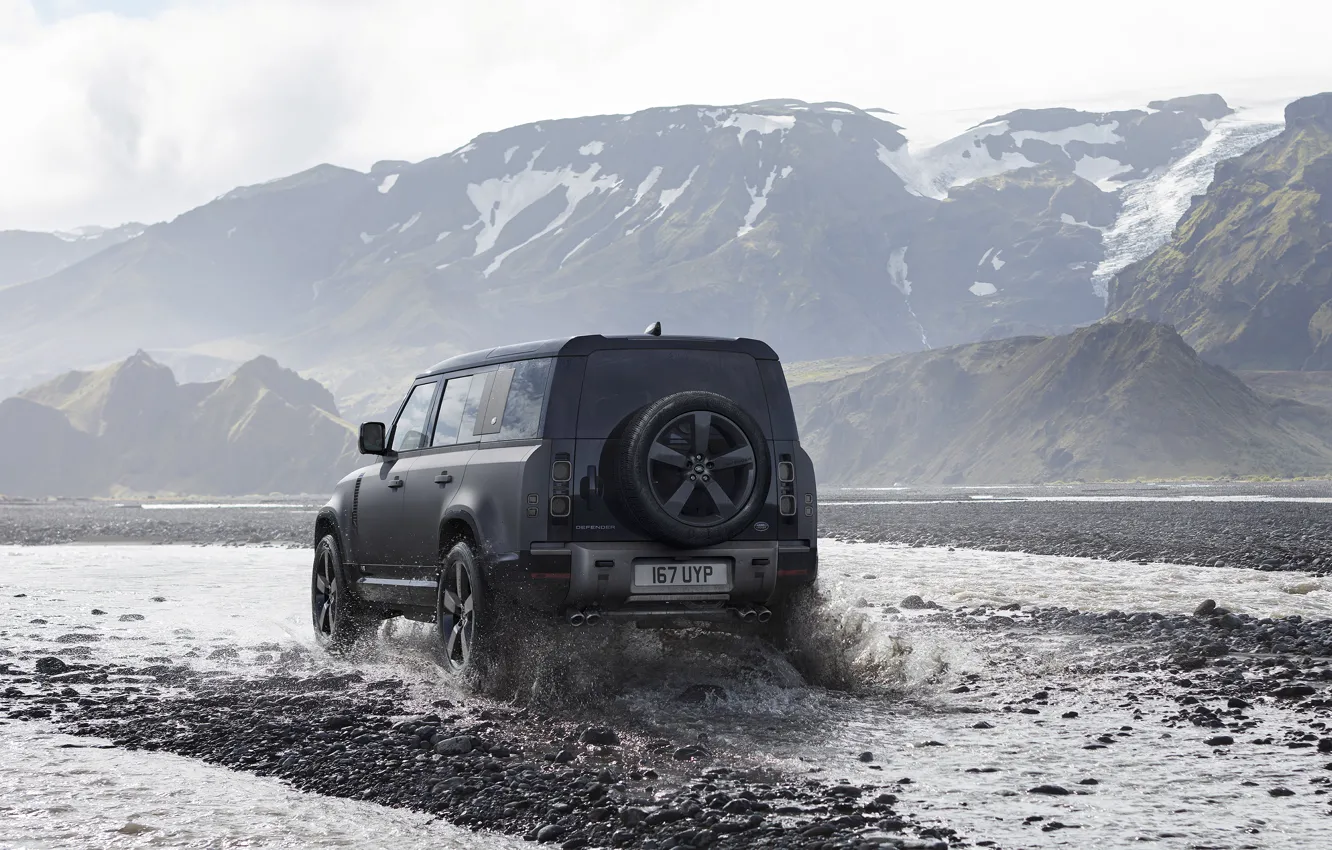 Фото обои вода, снег, горы, брызги, туман, джип, Land Rover, бездорожье