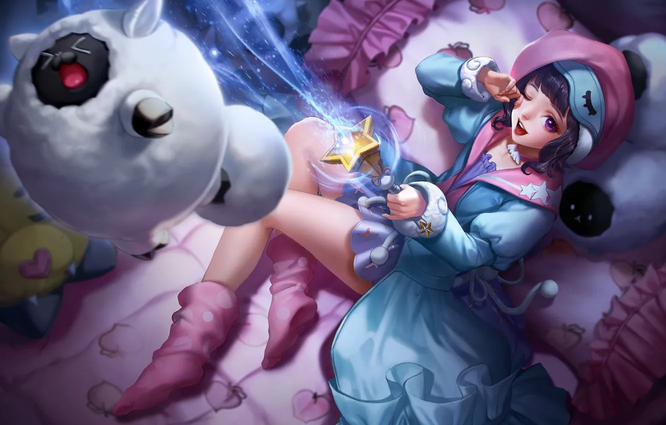 Фото обои девушка, радость, улыбка, звезда, позитив, постель, Arena of Valor, Арена Доблести