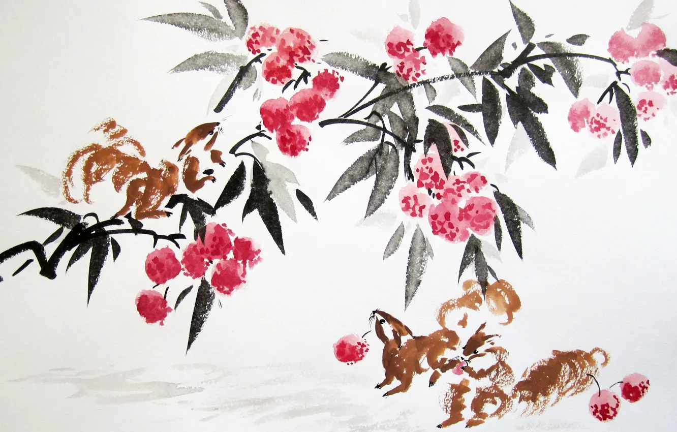 Фото обои дерево, China, плоды, акварель, Китай, живопись, tree, painting