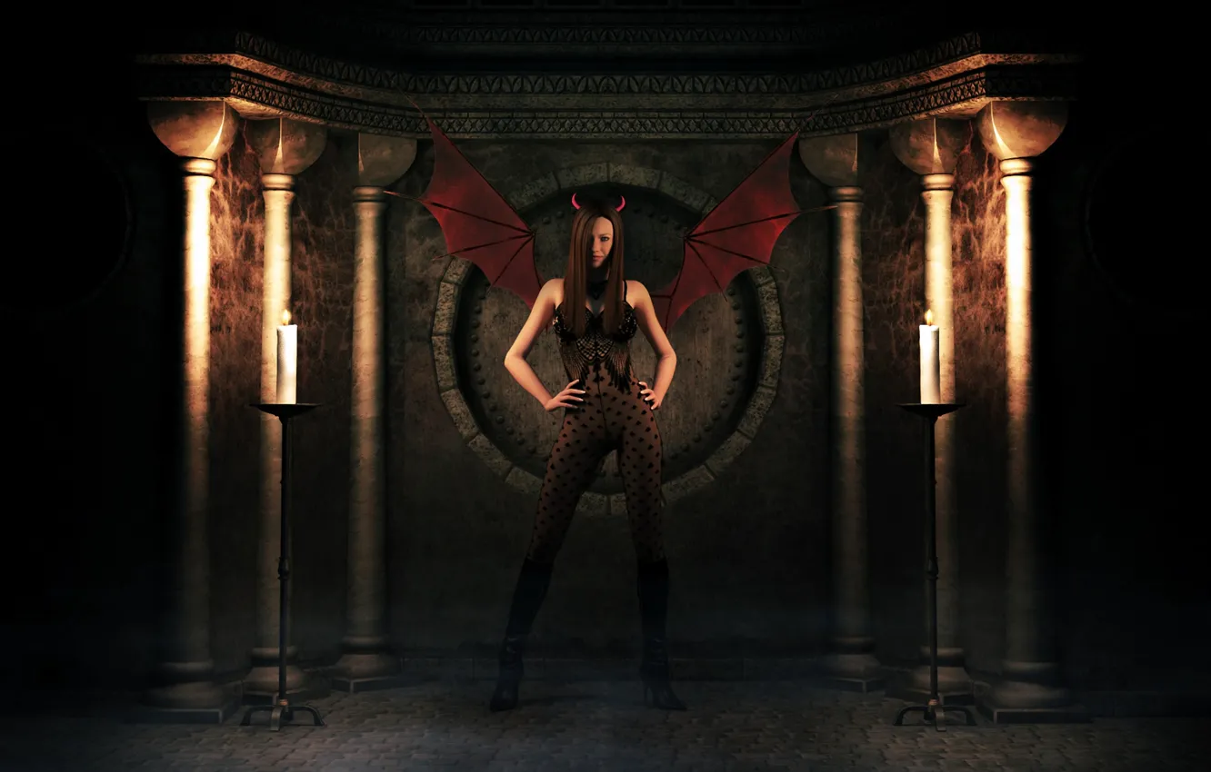 Фото обои Девушка, крылья, свечи, демон, костюм, тени, рожки