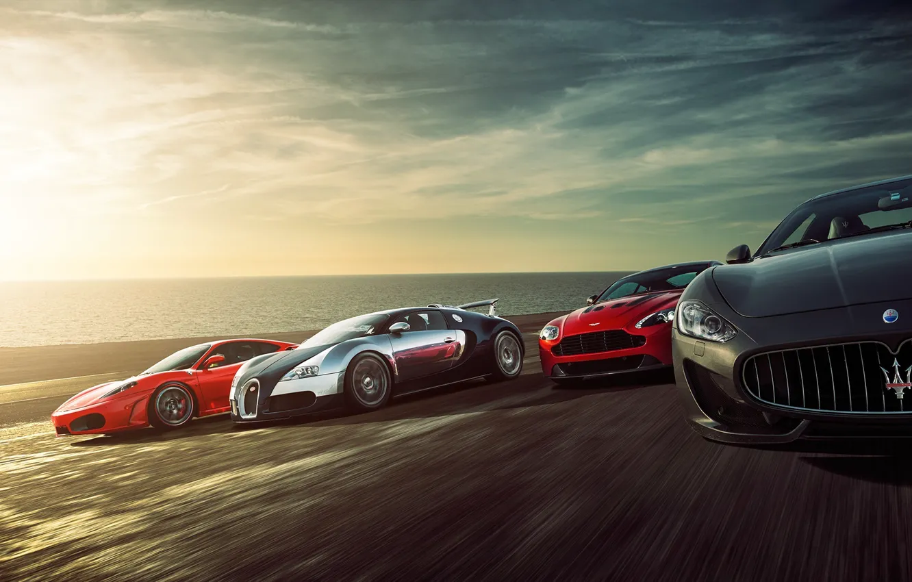 Фото обои Ferrari F430, Bugatti Veyron, Speed, Sunset, Supercars, Sea, Aston Martin Vantage, Maserati Grant Turismo