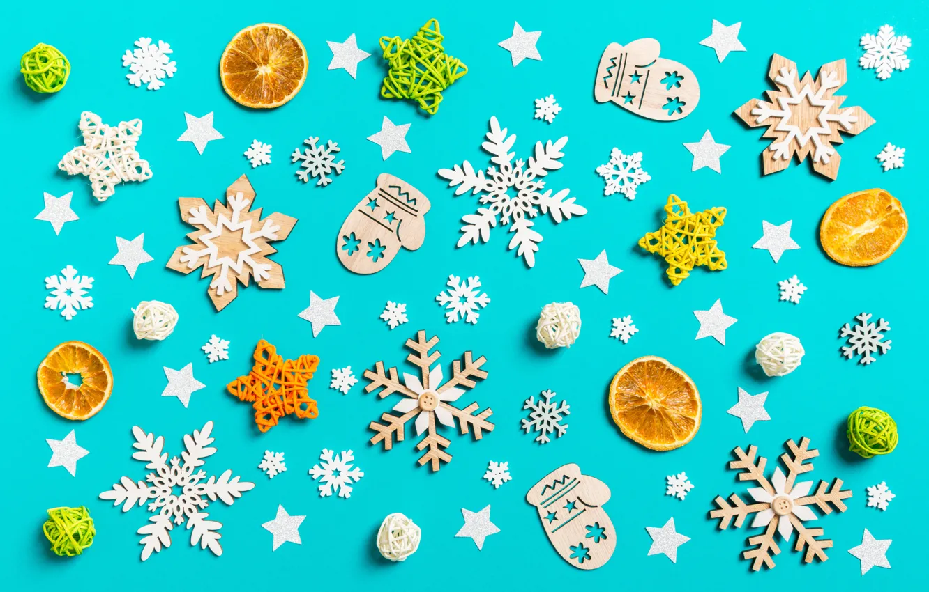 Фото обои снежинки, фон, игрушки, Новый год, фигурки, Орнамент