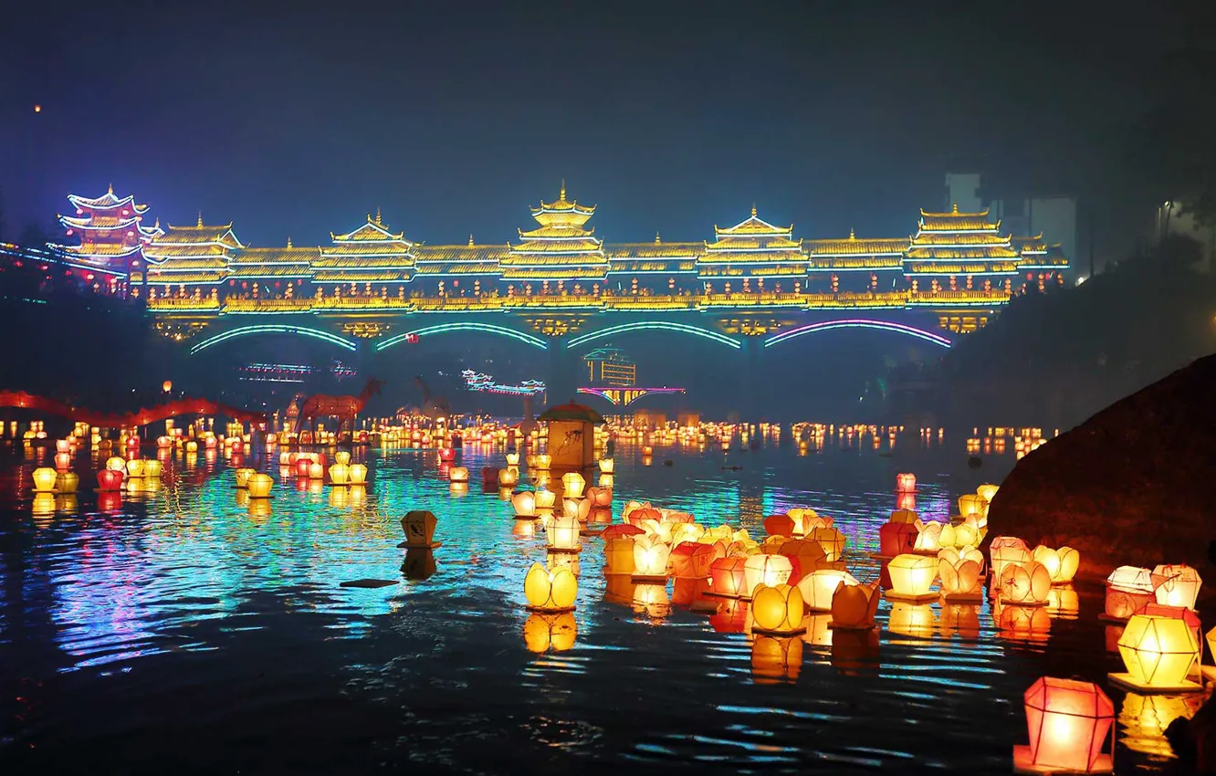 Фото обои Китай, фонарики, Гуанси, Праздник середины осени