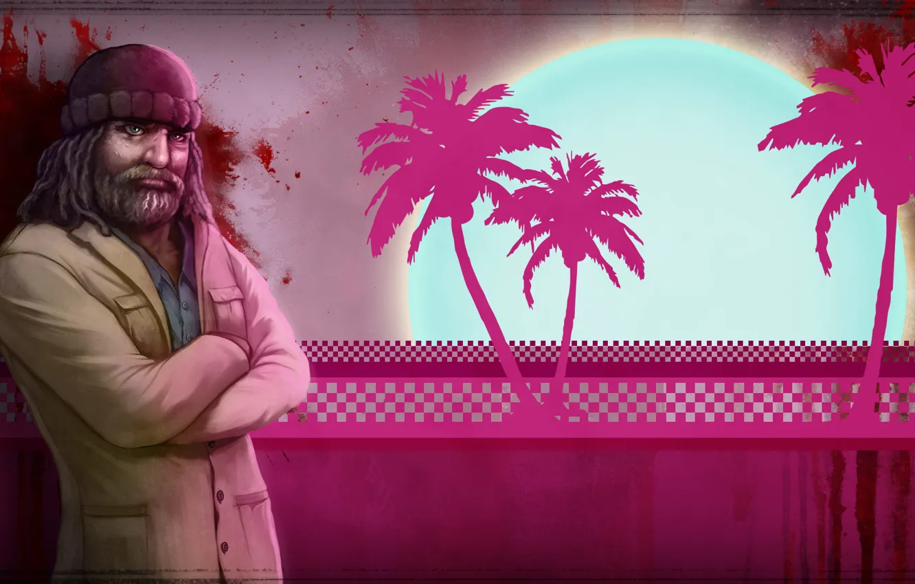 Фото обои пальмы, кровь, шапка, борода, Hotline Miami