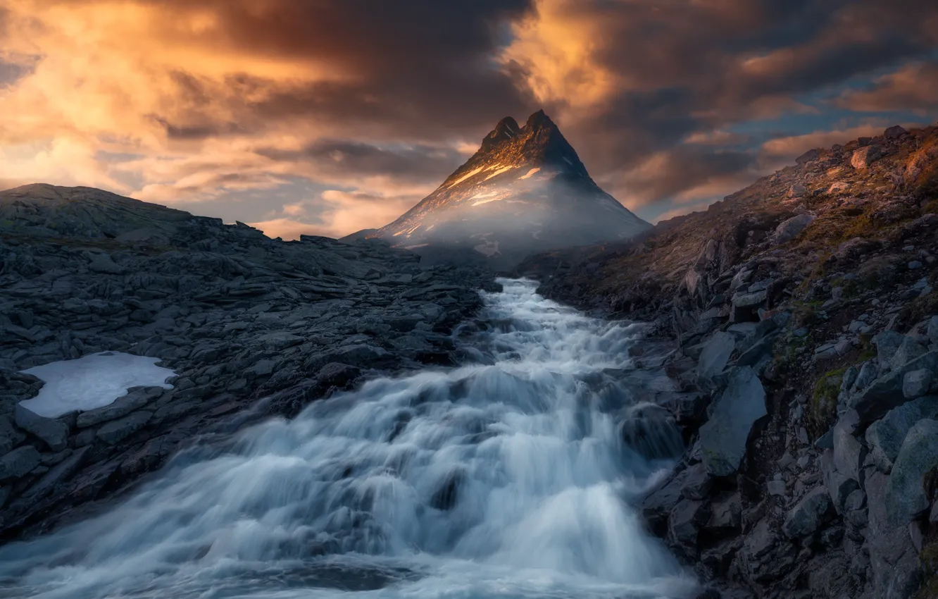 Фото обои горы, река, вершины, Норвегия, Norway, Скандинавские горы, Ютунхеймен, Jotunheimen