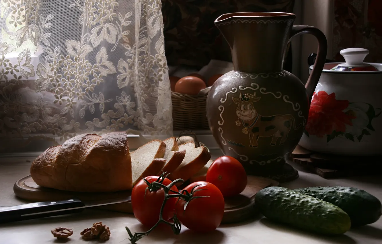 Фото обои хлеб, кувшин, натюрморт, помидоры, огурцы