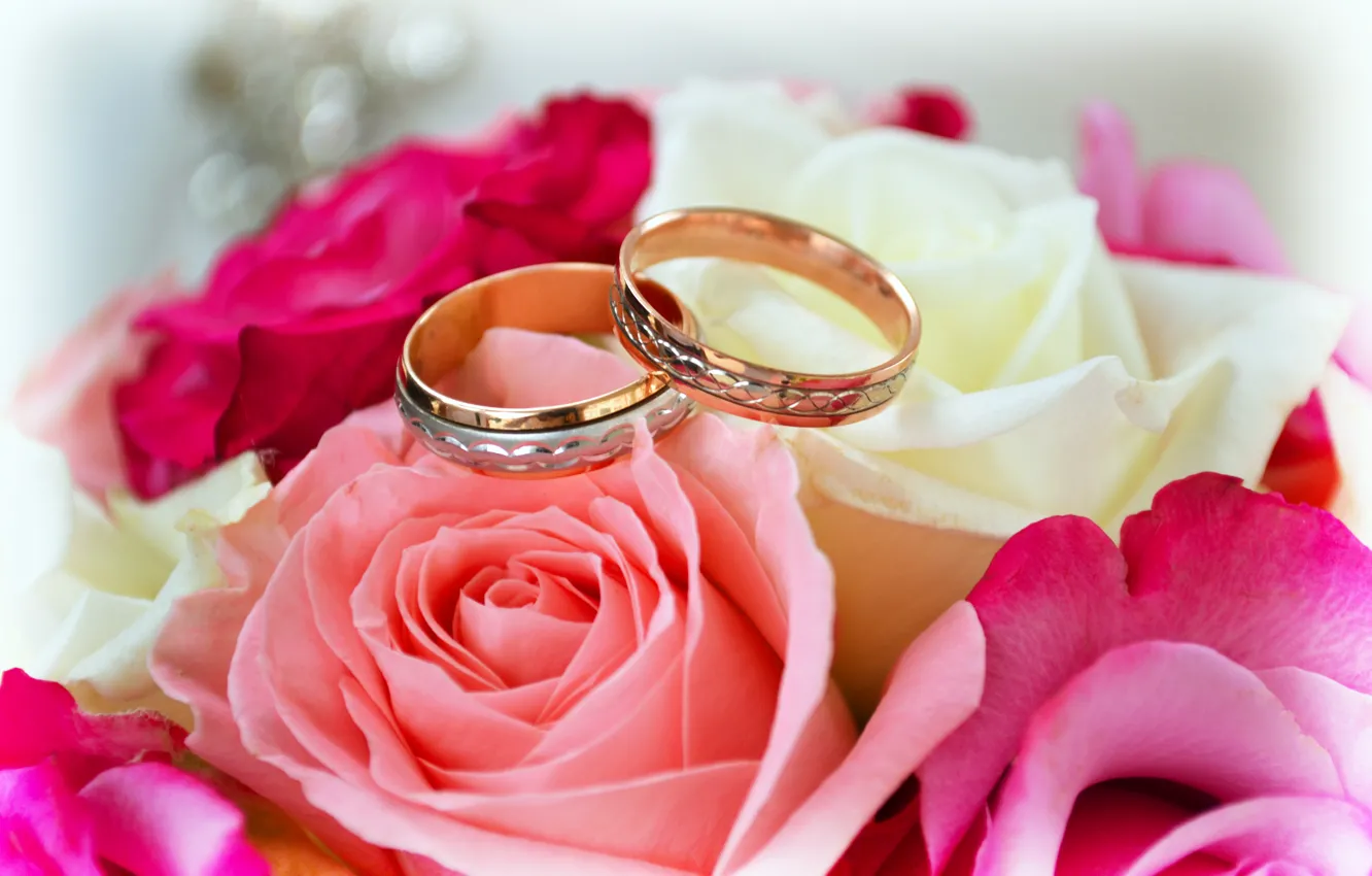 Фото обои розы, букет, кольца, свадьба, торжество, брак