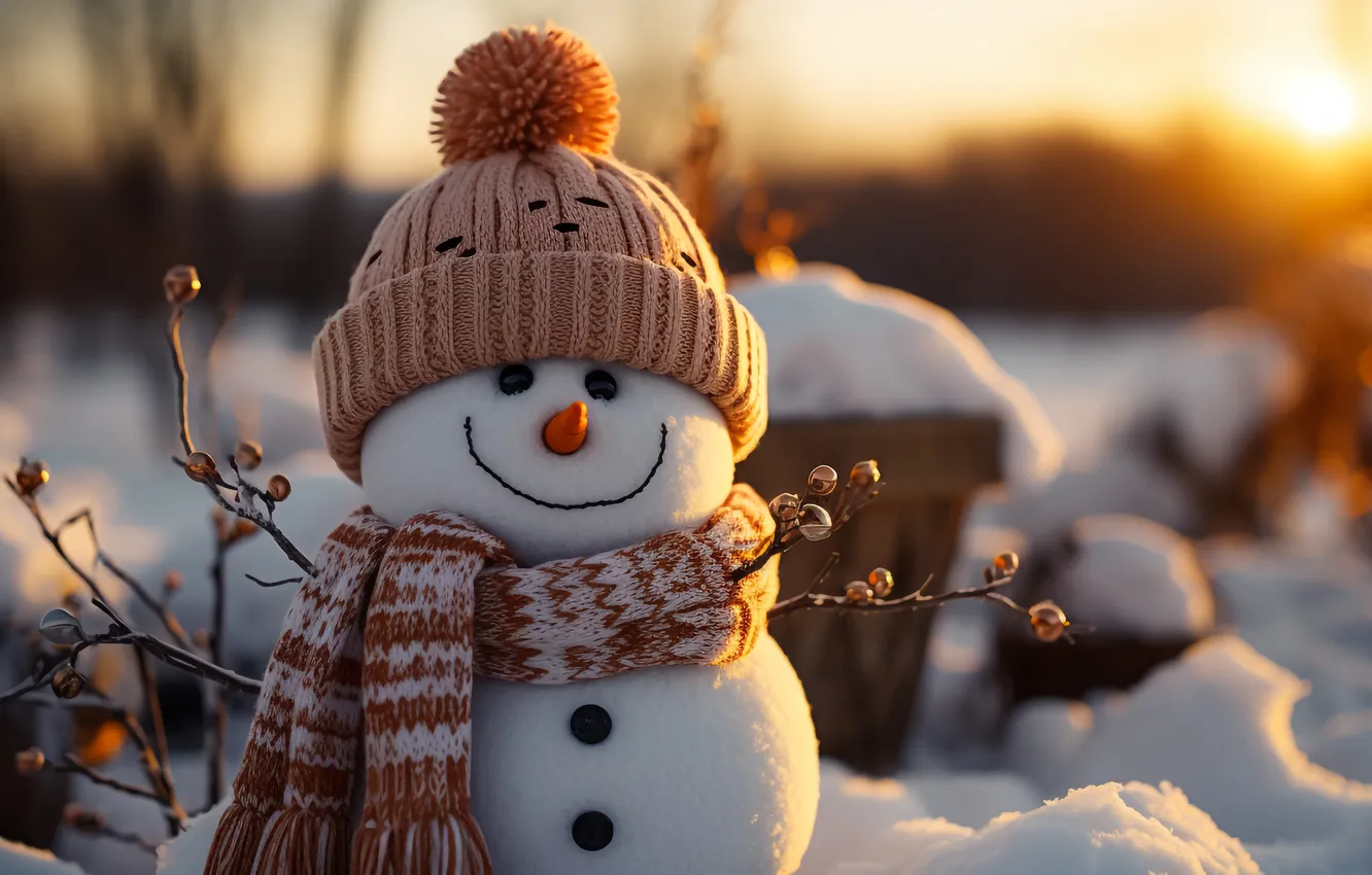 Фото обои зима, снег, Рождество, Новый год, снеговик, Christmas, winter, snow