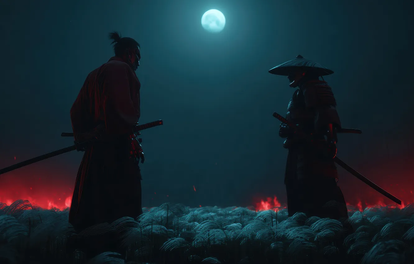 Фото обои ночь, луна, катана, самурай, Moon, night, katana, samurai