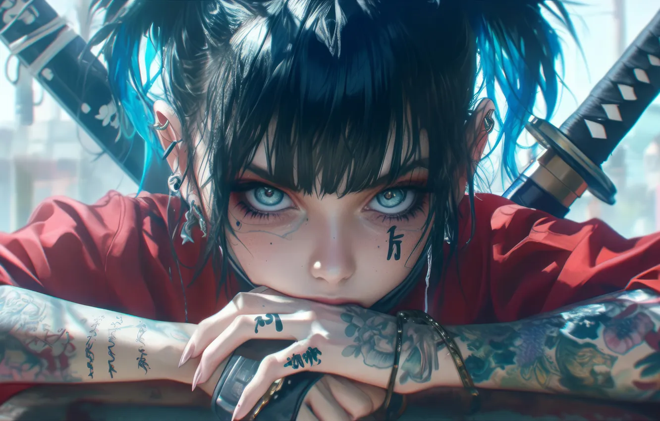 Фото обои Tattoo, Katana, Anime Girl, AI Generated, Anime girl with tattoo