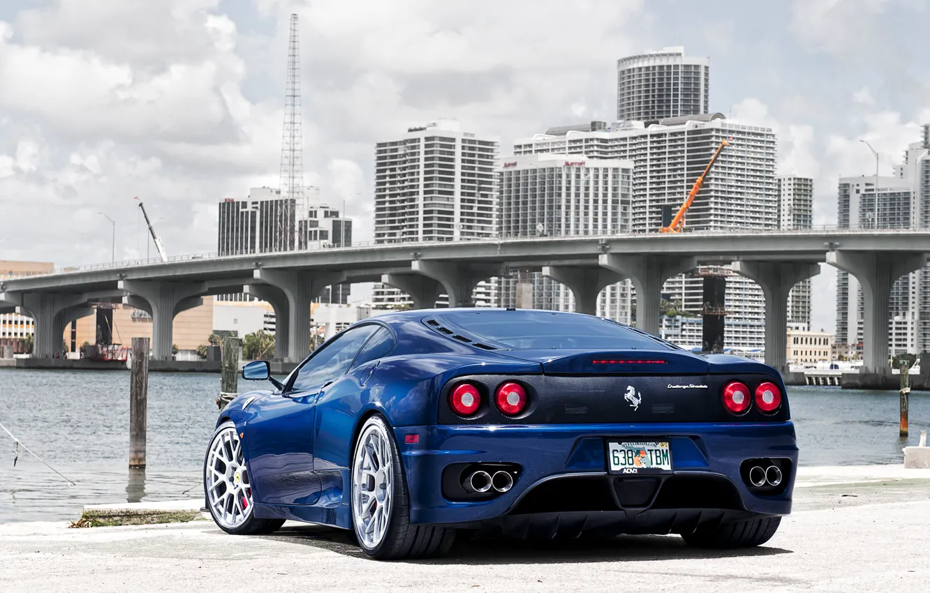 Фото обои синий, мост, город, Ferrari, феррари, 360, небоскрёбы, blue